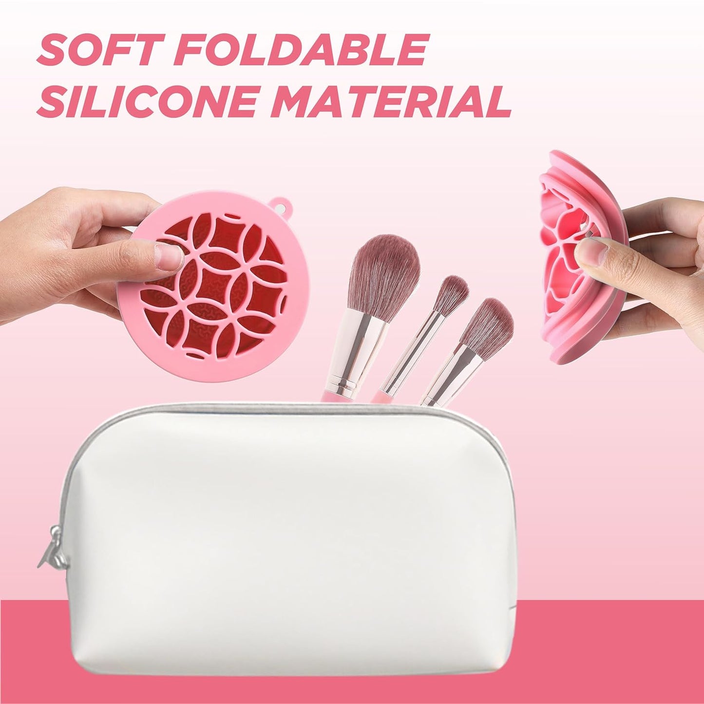Makeup Brush Cleaner - Foldable Silicone Makeup Brush Cleaner Mat with Brush Storage Holder Makeup Brush Cleaning Bowl Cosmetic Brush Washing Tool for Cleaning Organizer and Drying (Purple and Pink)