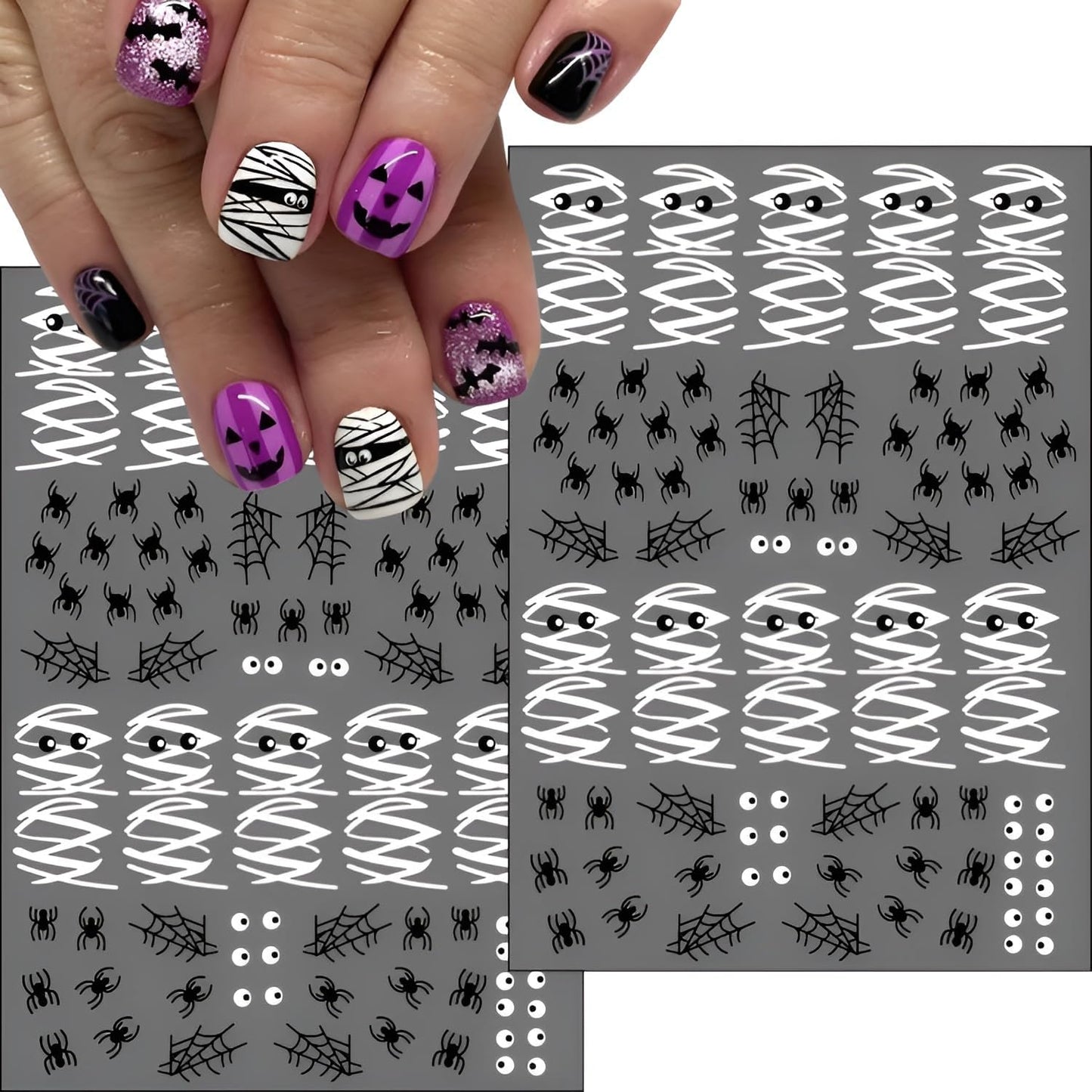 12 Sheets Halloween Nail Stickers for Nail Art 3D Self Adhesive Mummy & Cute Ghost Nail Decals Halloween Nail Stickers with Spider Pumpkin Spider Web Nails Design Flower Nails Supplies for Women Girls