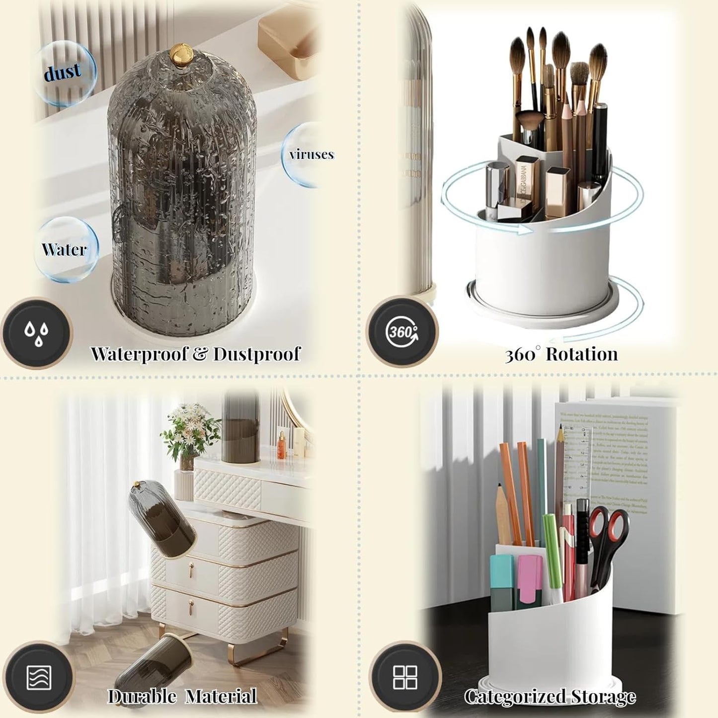 B-H1 Makeup Brush Holder with Dustproof Cover 360 Rotating Makeup Brushes Organizer for Vanity Desktop Bathroom (Gray)