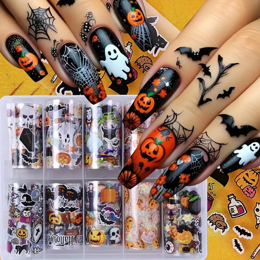 10 Rolls Halloween Nail Foil Transfer Stickers Decals, Kawaii Halloween Nail Polish Sheets Sky Starry Paper Transfer Foils Cartoon Pumpkin Skeleton Glue Women Manicure Nail Film Decorations