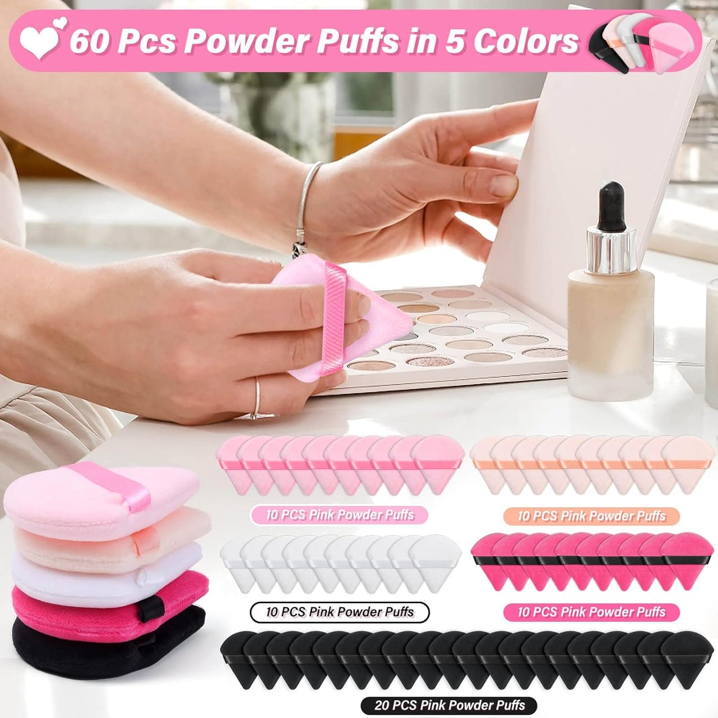 Caffox 60pcs powder puffs for face powder, Triangle Powder Puff for Setting Powder, Makeup Puffs for Loose Powder and Press Powder, Makeup Sponge Powder Applicator for Face and Eye