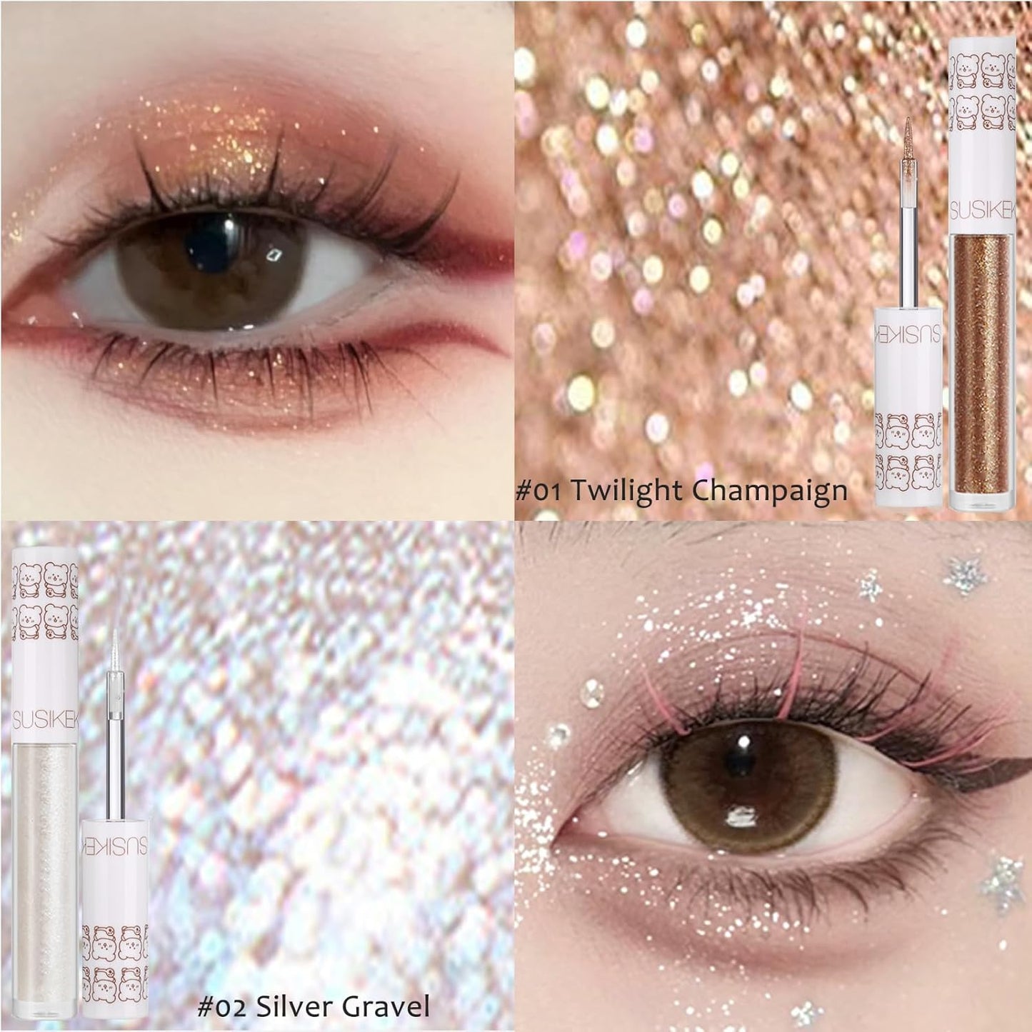 Eye Glitter Liquid Eyeshadow Eyeliner Set(6Pcs), Glittery Korean Makeup Bling Under Eye Shadows, Shimmer Tear Drop Make Up Gift Kit, Quick-Dry, Long-Lasting Loose Glitter Glue for Crystal Makeup