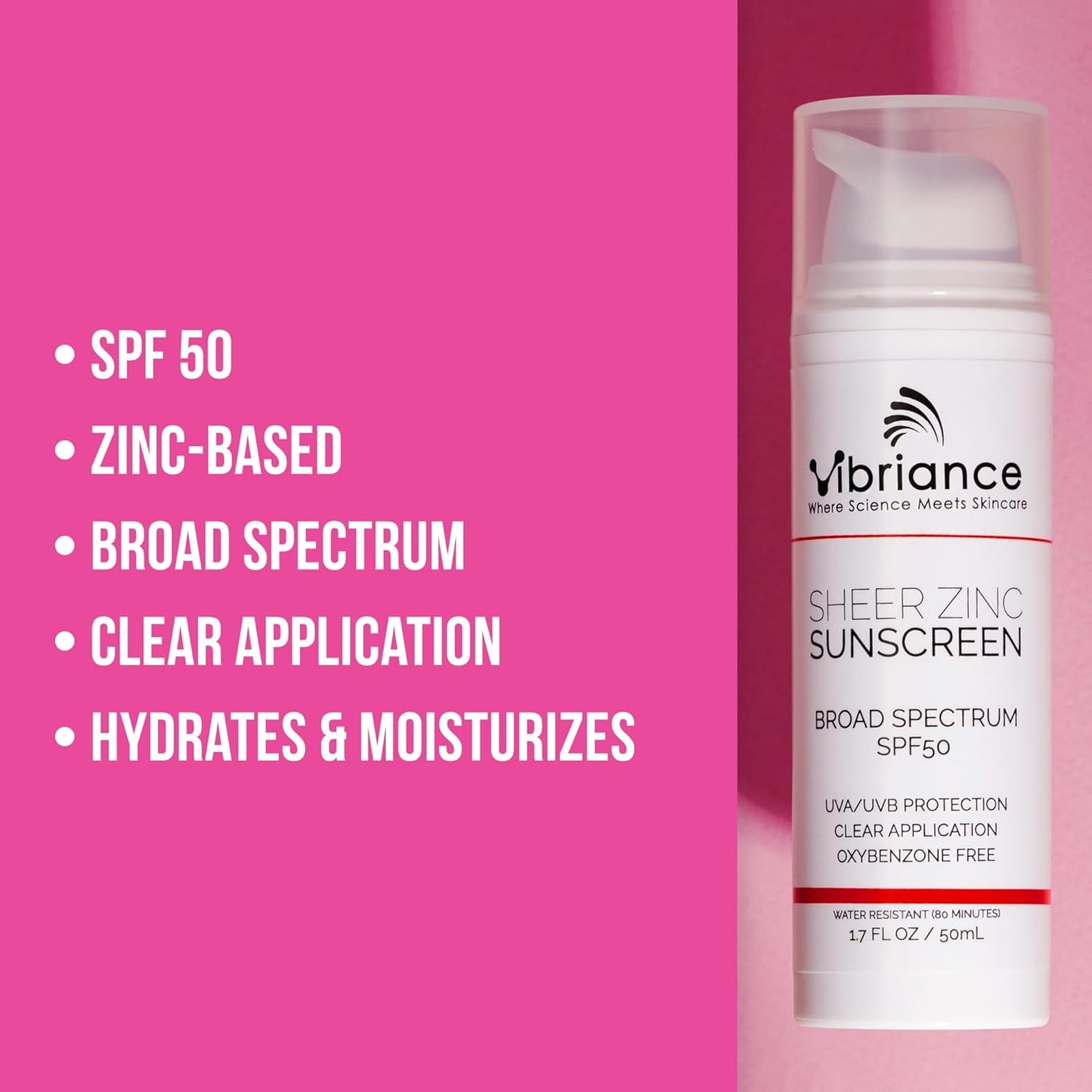 Vibriance Sheer Zinc Sunscreen - Tinted Sunscreen for Face SPF 50, Lightweight Facial Moisturizer with Niacinamide, Hyaluronic Acid - 1.7 fl oz