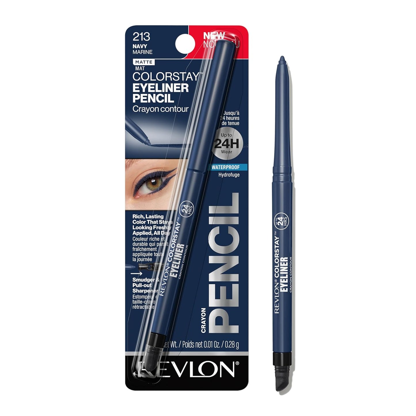 REVLON ColorStay Pencil Waterproof Eyeliner, Smudge-Proof, Eye Makeup with Built-In Sharpener, 213 Navy, 0.01 oz
