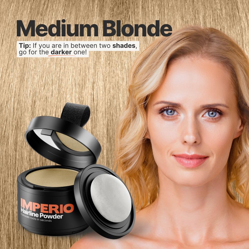 IMPERIO Root Touch Up Hair Powder for Concealing Hair Loss instantly - Hairline Powder for Women & Men - Water resistant Root Cover Up for Thinning Hair in Premium Hairdressing Quality (Medium Blonde)