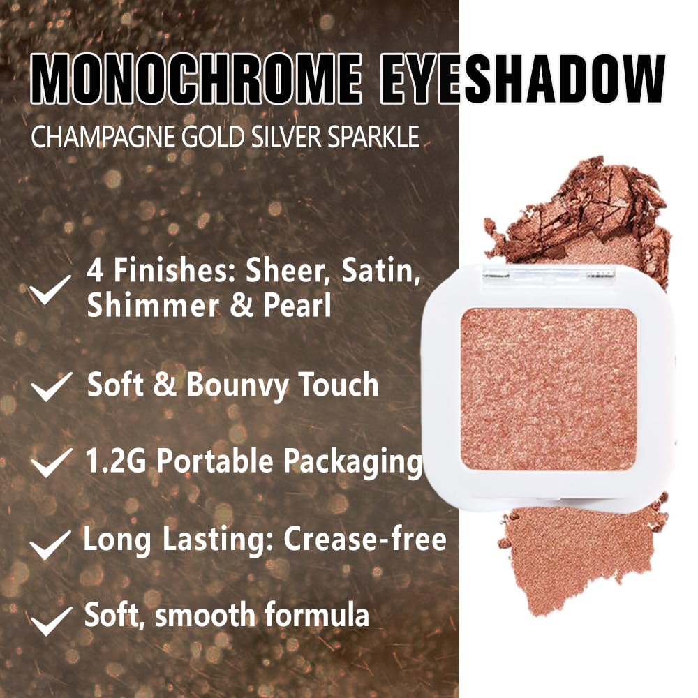 Kaely Pressed Single Eyeshadow Makeup, Champagne Gold Sparkle Highly Pigmented Monochrome Eye Shadow Palette, Waterproof Neutral Powder Mini Eyeshadow, sombras para ojos, Lightweight Blendable, 01