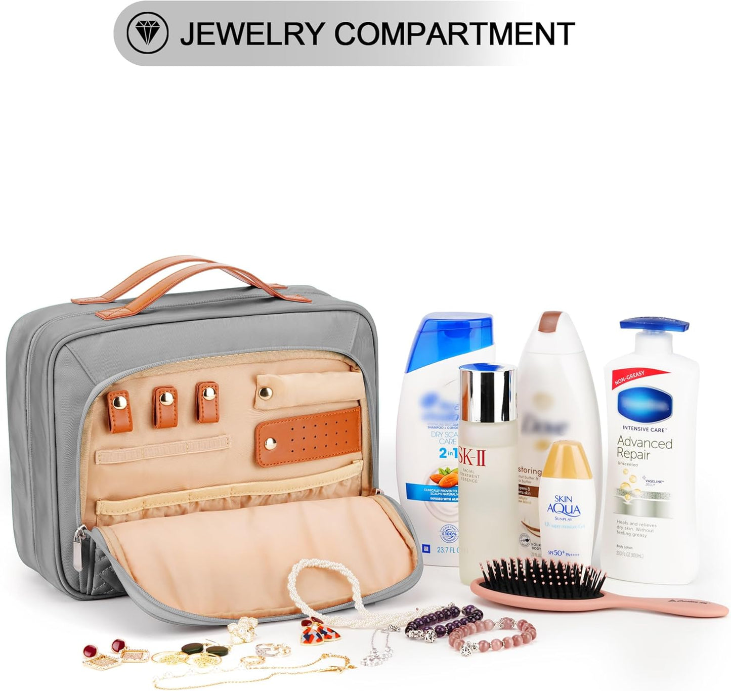 Travel Hanging Toiletry Bag for Women, with Jewelry Organizer Compartment, Medium Waterproof Hanging Makeup Accessories, Cosmetic Essentials, Toiletries Dopp Kit Set with Trolley Belt, Grey