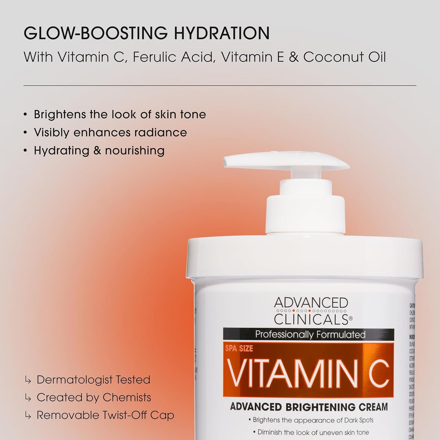 Advanced Clinicals Vitamin C Cream Visibly Brightening Body Lotion | Vitamin C Moisturizer Skin Care Body Cream For Women & Men Helps Visibly Improve Look Of Dark Spots & Uneven Skin Tone, 16 Ounce