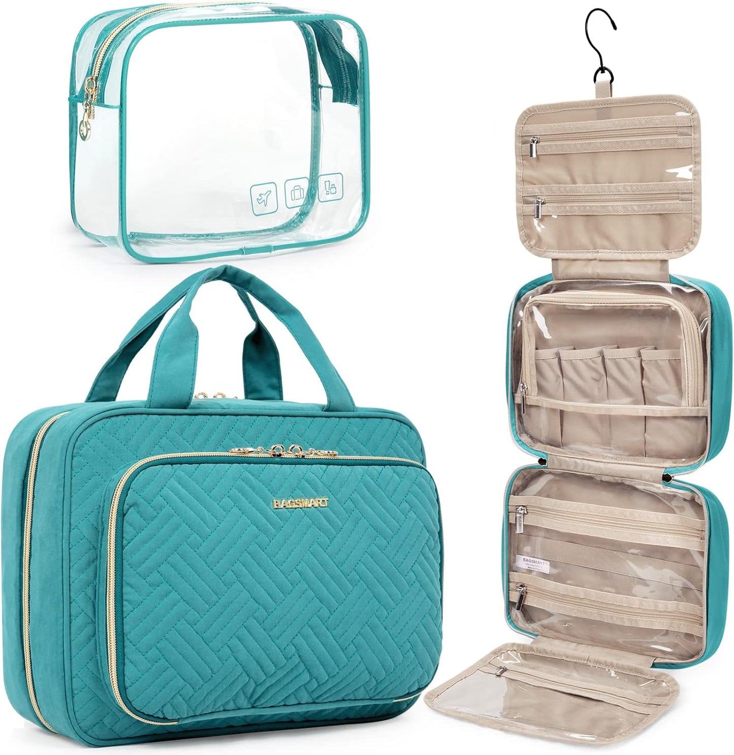 BAGSMART Toiletry Bag Hanging Travel Makeup Organizer with TSA Approved Transparent Cosmetic Bag Makeup Bag for Full Sized Toiletries, Medium-Blue