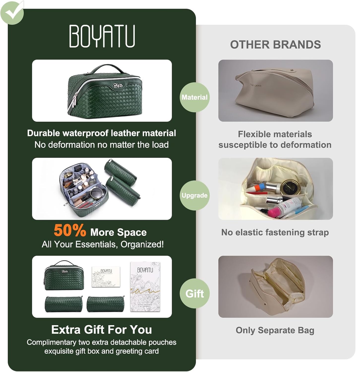 BOYATU Travel Makeup Bag Cosmetic Bags for Women: Large Capacity 3 Pcs Set Make up Bag with Compartments - Waterproof Vegan Leather Toiletry Organizer Bags with Handle - Travel Essentials(L06 Olive)