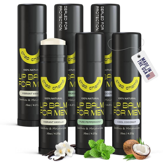 Lip Balm for Men - All Natural Mens Chapstick - Mens Lip Balm - Contains Vitamin E and Beeswax - Chapstick for Men - Peppermint, Coconut & Vanilla Lip Balm - Lip Balm Men (6 pack)