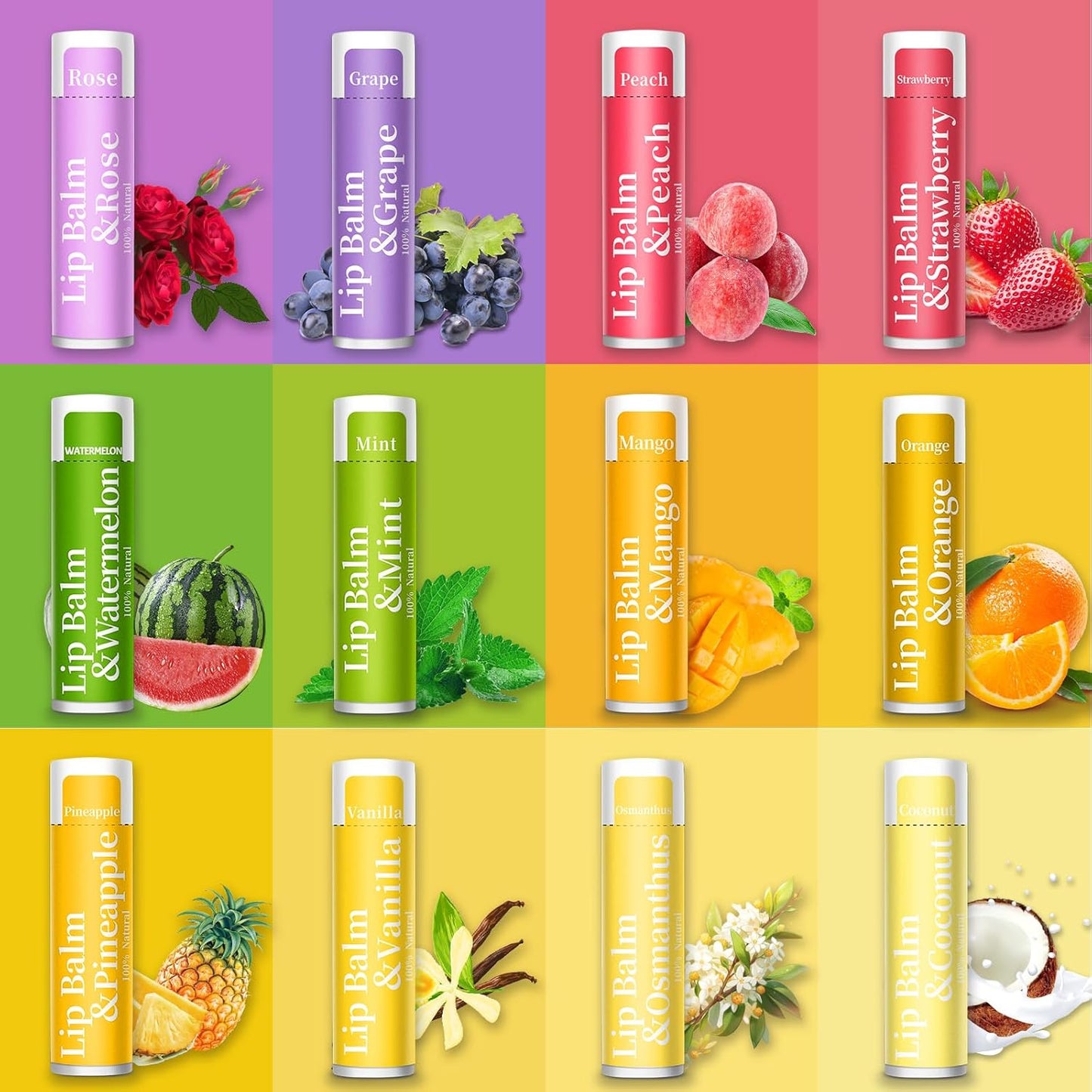 64 Pack Lip Balm, 12 Flavored Organic Natural Lip Balm Bulk Set with Coconut Oil, Moisturizing Lip Balms for Dry Cracked Lips,Bulk Lip Balms Hydrating for Gifts Party Favors(4.2g/0.15oz)