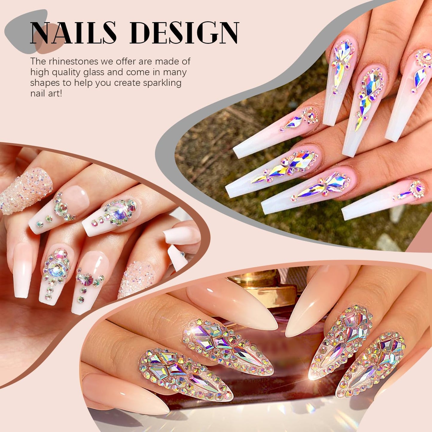 1680Pcs AB Glass Nail Rhinestones 180Pcs Multi Shapes Flatback Nail Gems + 1500Pcs 1.5-4mm Round Crystal with Rhinestones Glue Gel, Manicure Nail Charms Diamond Gemstones for Nail Art