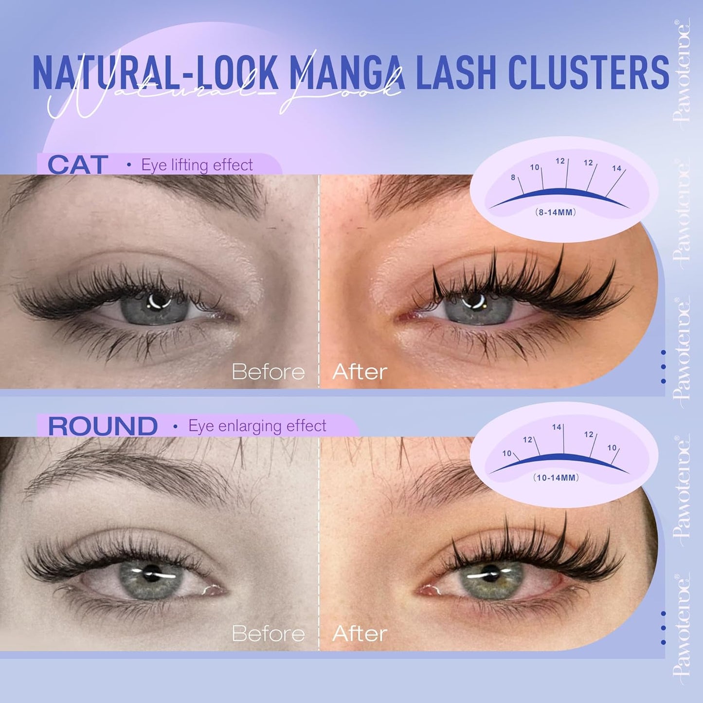 Pawotence Manga Lash Clusters Kit Fairy Eyelash Clusters 8-14mm Natural Lash Extension Kit Individual Lashes Cluster Wispy with Lash Bond and Seal, Tweezers Cluster Eyelash Extensions Kit