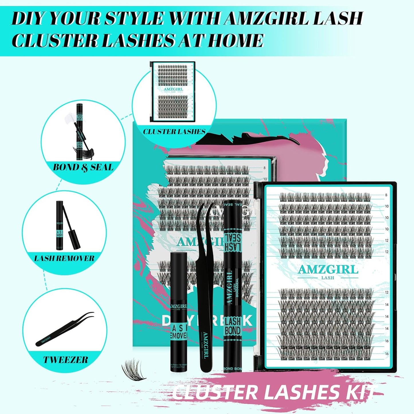 Lash Extension Kit Daybreak Lash Clusters kit Lash Bond and Seal Eyelash Remover and Lash Applicator for Diy Lash Extension Kit at Home by AMZGlRL(Daybreak,D-Mix8-16mm kit)