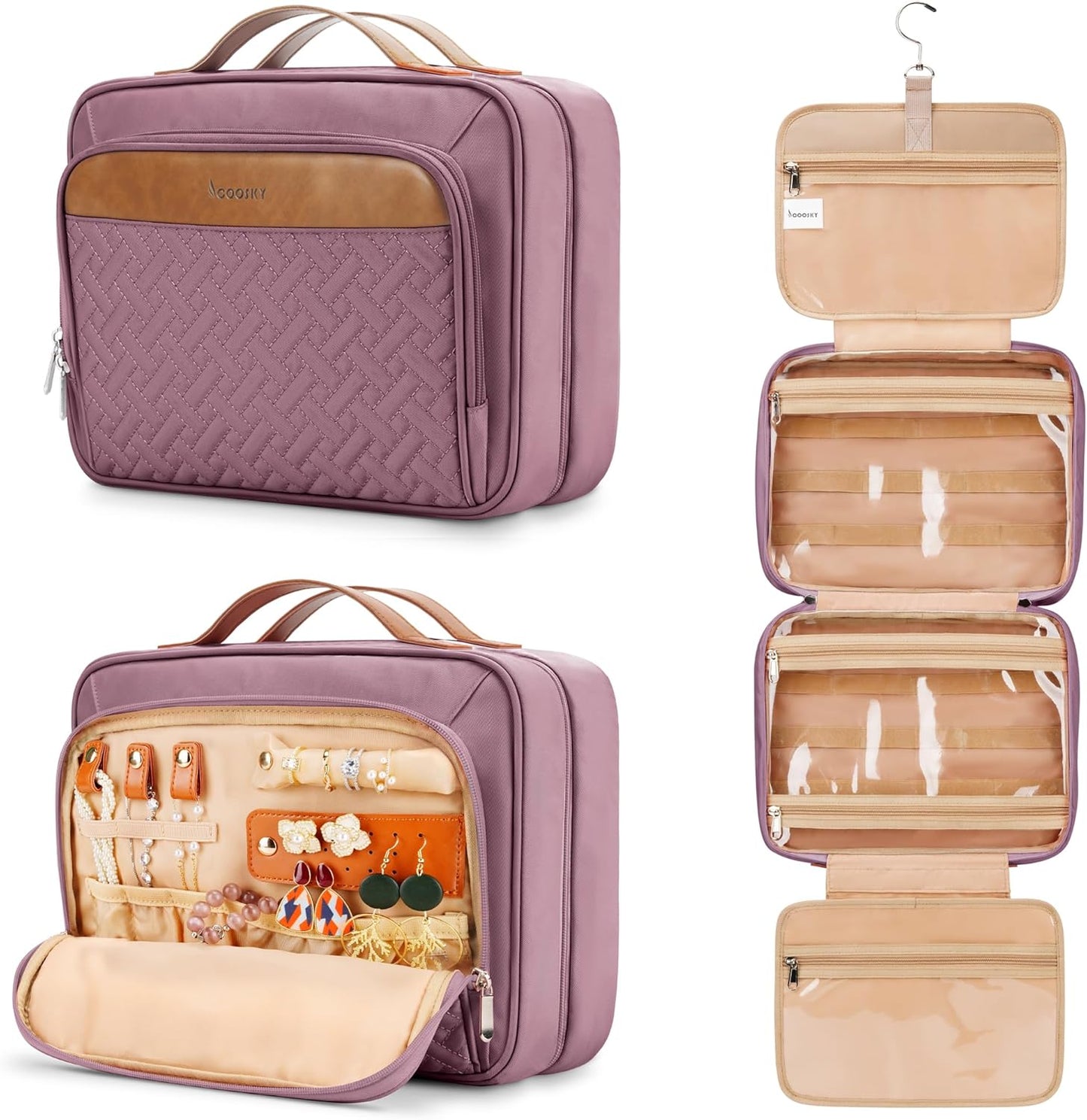 Travel Hanging Toiletry Bag for Women, with Jewelry Organizer Compartment, Medium Waterproof Hanging Makeup Accessories, Cosmetic Essentials, Toiletries Dopp Kit Set with Trolley Belt, Dark Purple