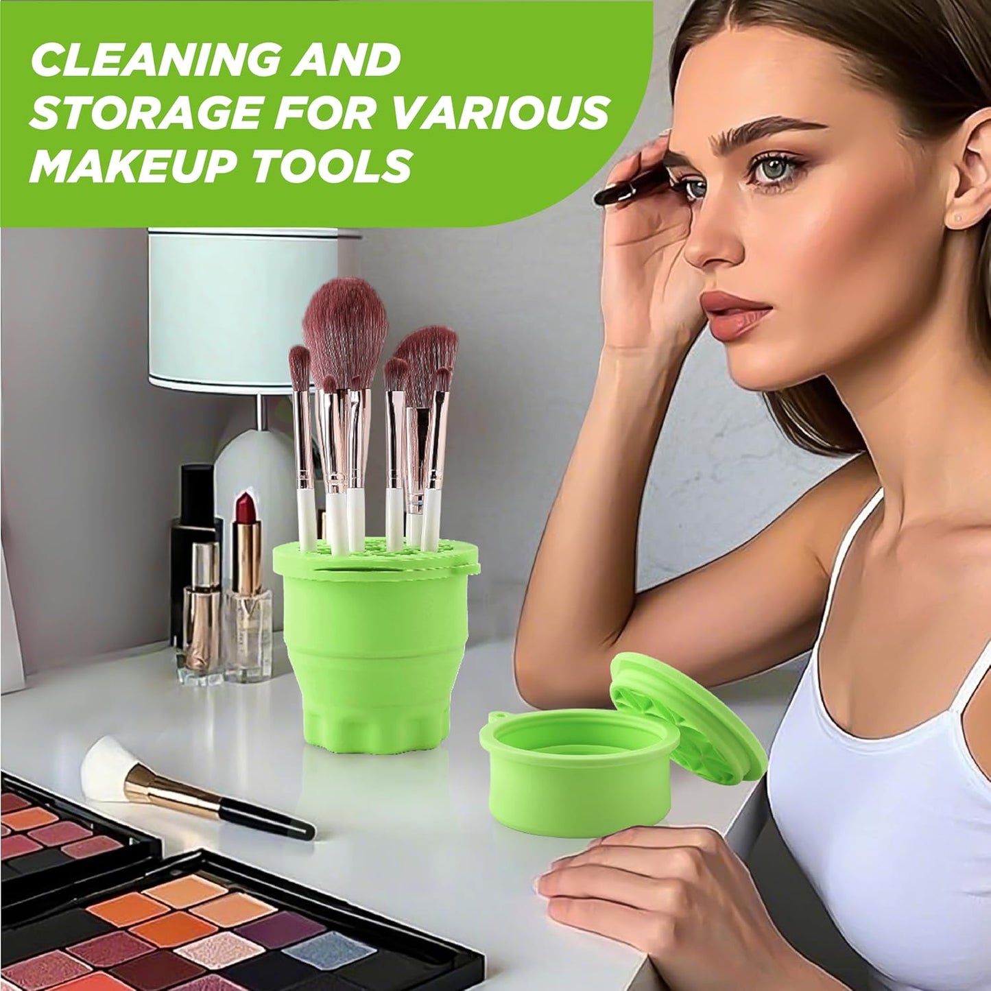 Makeup Brush Cleaner - Foldable Silicone Makeup Brush Cleaner Mat with Brush Storage Holder Makeup Brush Cleaning Bowl Cosmetic Brush Washing Tool for Cleaning Organizer and Drying (Green)