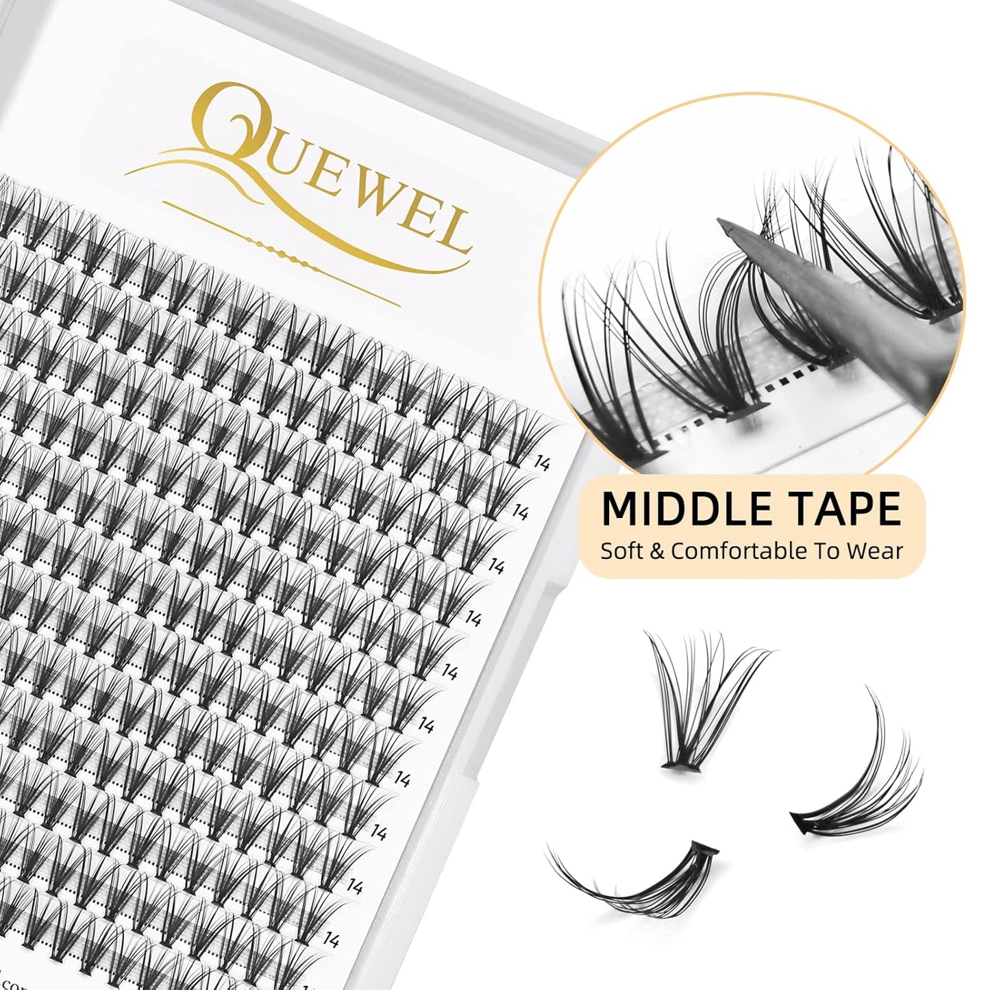 QUEWEL Cluster Lashes 240Pcs Individual Lashes 20D 0.07C Curl 14mm Knot-Free Lash Extensions Clusters Lashes Soft&Natural False Eyelashes Individual DIY Eyelash Extension at Home(20D 0.07C 14)
