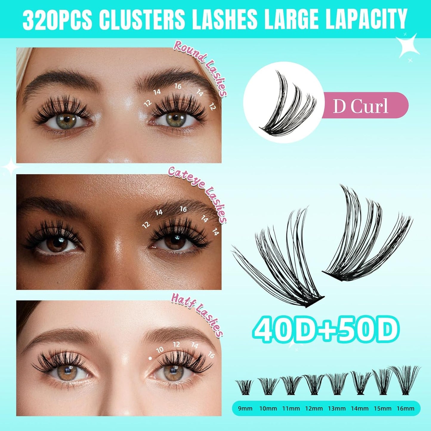 Lash Clusters Wispy 320PCS Eyelash Extension 40D 50D Cluster Lashes Individual Lashes DIY Lash Extension Natural Look Cluster Eyelash Extensions Soft False Eyelashes at Home for Beginners(D-Mix9-16mm)