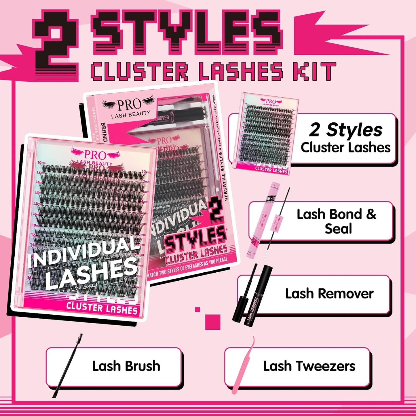 186Pcs Lash Extension Kit 2 Styles Individual Eyelash Extension Lash Clusters with Lash Bond and Seal Lash Remover Lash Applicator Individual Lashes Kit Eyelash Brush (40D+Glisten-10-16mix Kit)