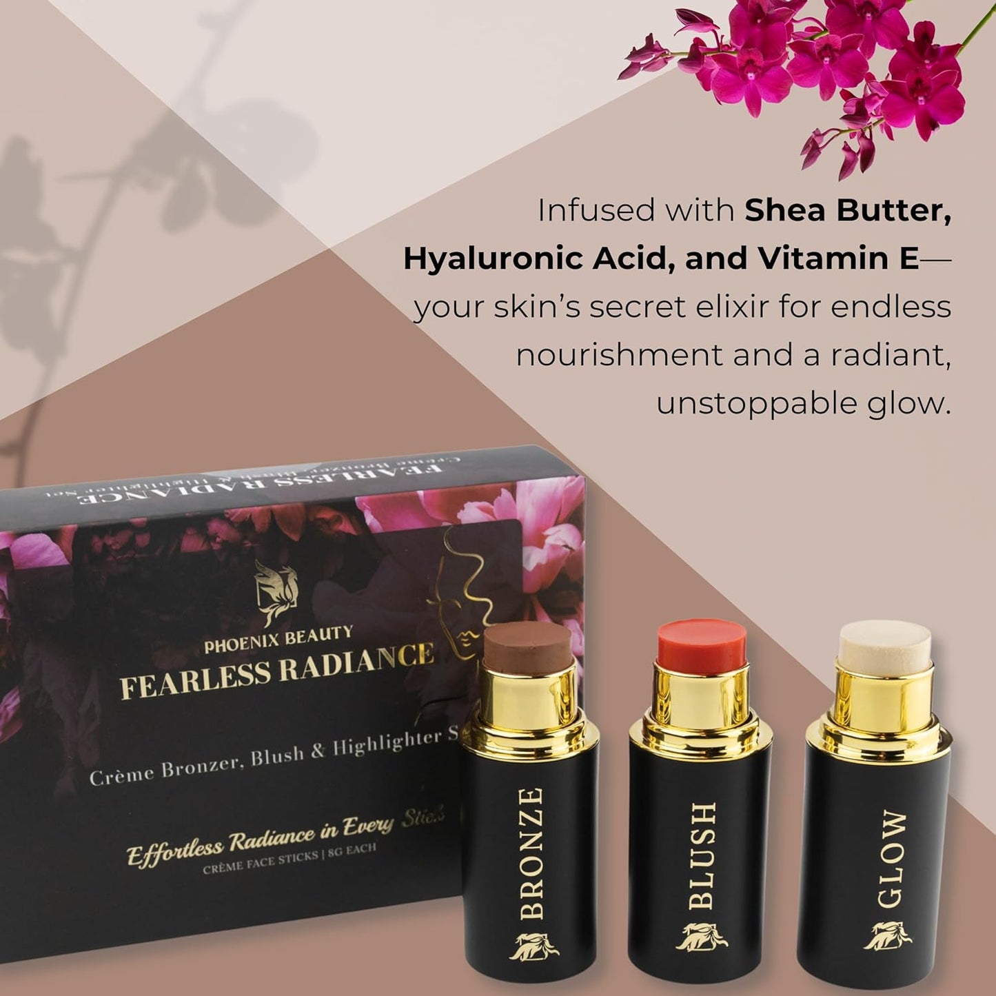 Cream Contour Stick Set – Blush, Bronzer & Highlighter Trio | Hydrating, Buildable, High-Pigment Makeup with Shea Butter & Vitamin E | Phoenix Beauty Gift Set (Luminous)