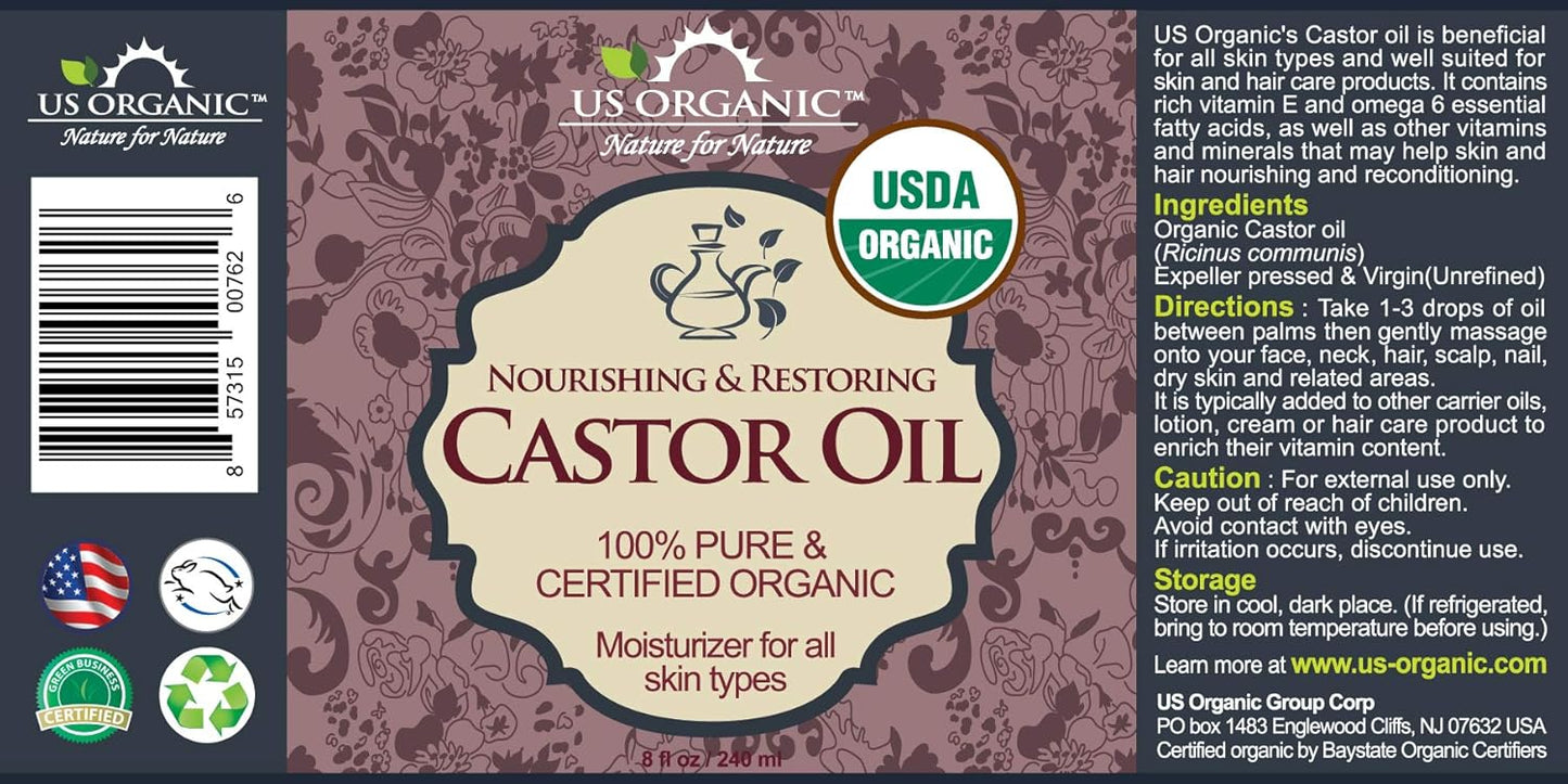 US Organic Castor Oil, USDA Certified Organic,Expeller Pressed, Hexane Free, 100% Pure & Natural moisturizing and emollient properties, For Skin, Hair Care, Eyelashes, DIY projects (8 oz (240 ml))