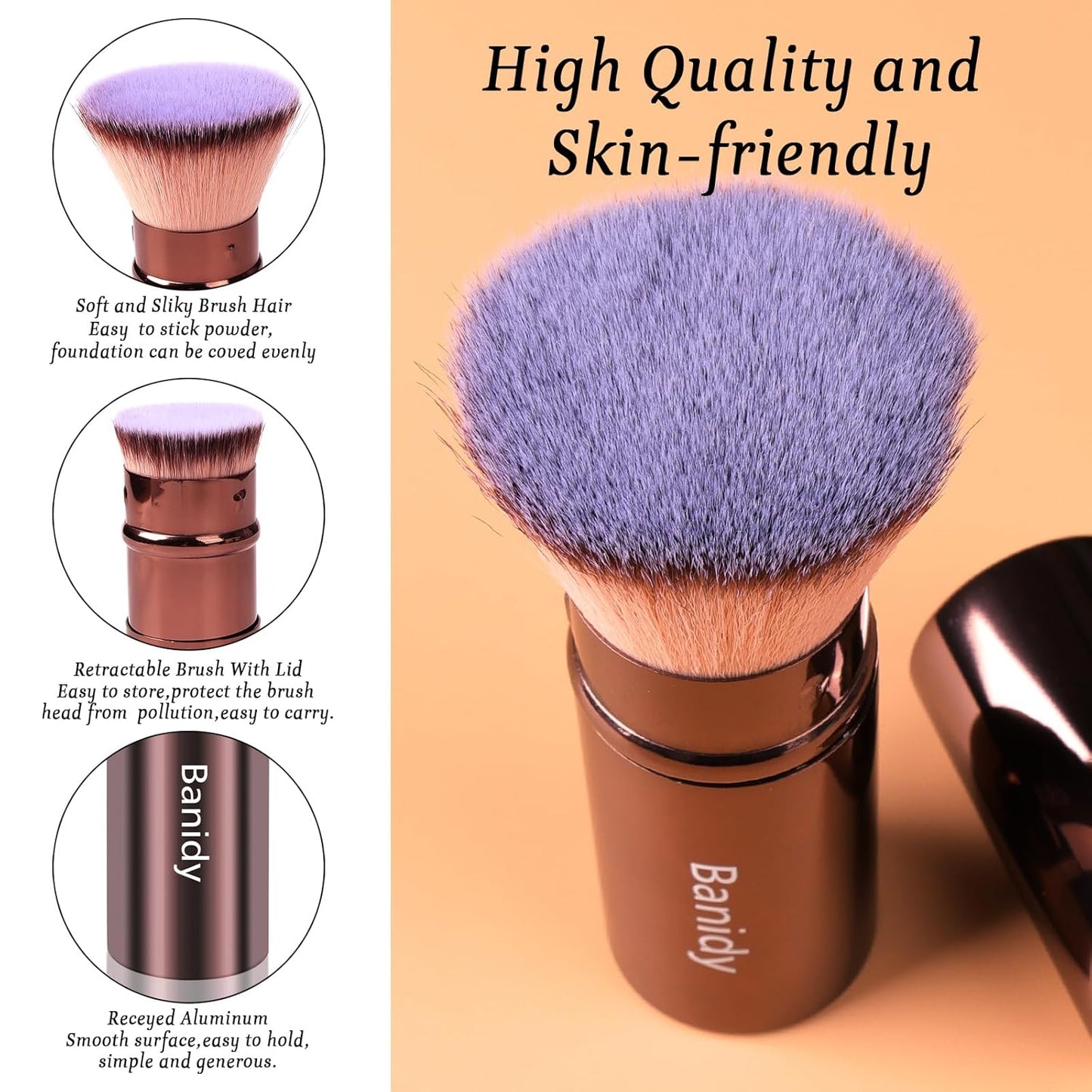Makeup Brush Kabuki Face Brushes Retractable Travel Blush Brush Portable Flawless for Foundation, Powder Blush, Bronzer, Buffing, Liquid, Cream, Cruelty Free with Cover(Flat-Head)