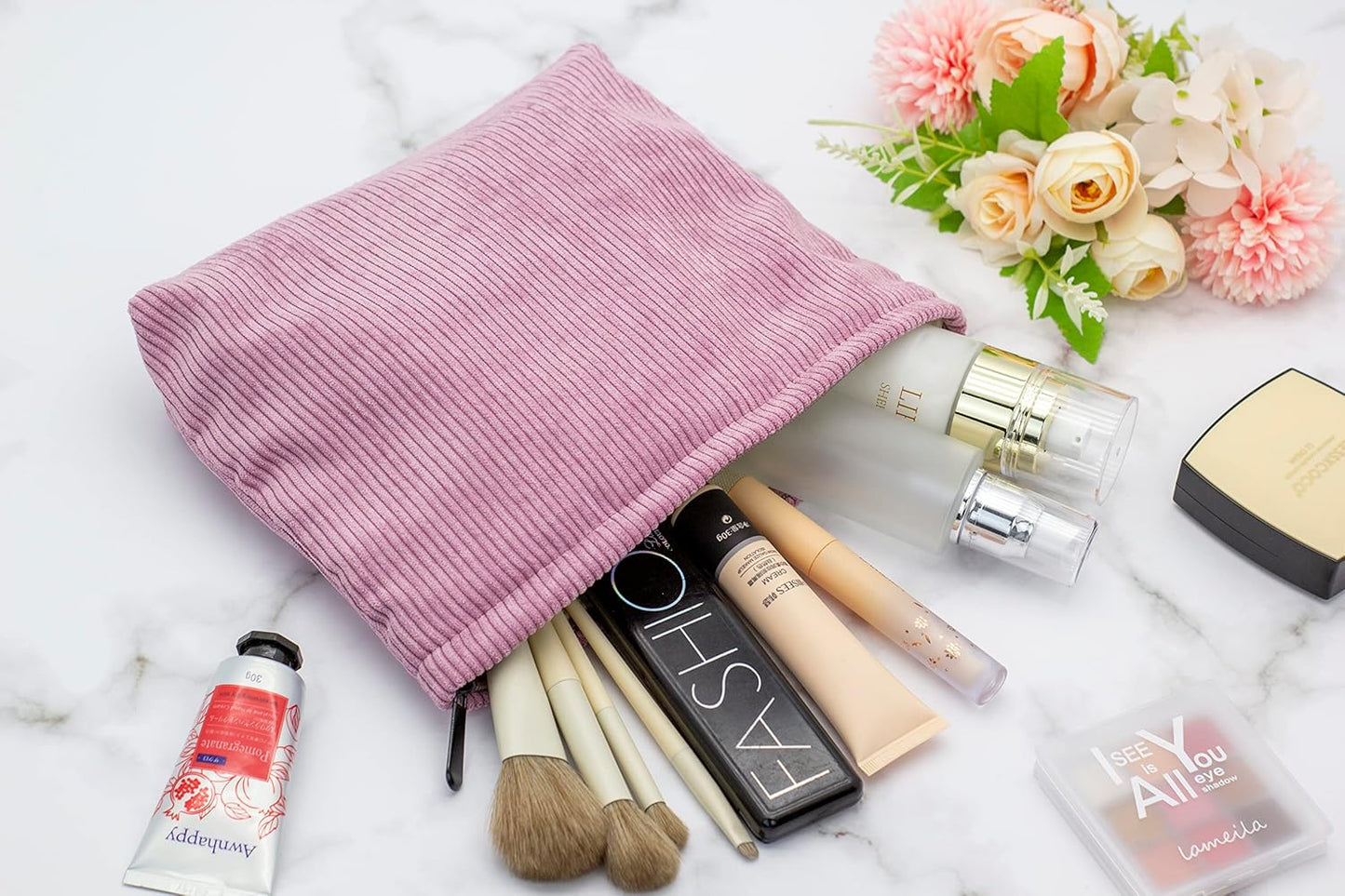 PAZIMIIK Makeup Bag Large Zipper Corduroy Make Up Pouch for Purse Travel Canvas Cosmetic Organizer for Women Brush Storage,Pink