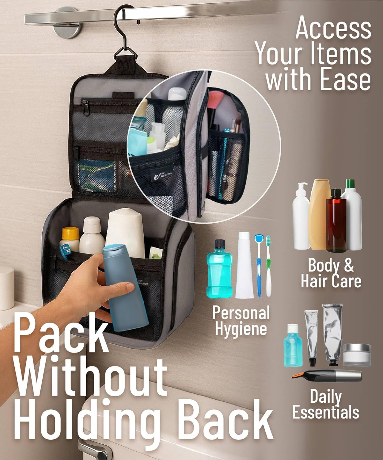 D&D Hanging Travel Toiletry Bag for Men and Women – Large Cosmetics, Makeup and Toiletries Organizer Kit with 10 Compartments, YKK Zippers, XXL Metal Swivel Hook, Water-Resistant Nylon