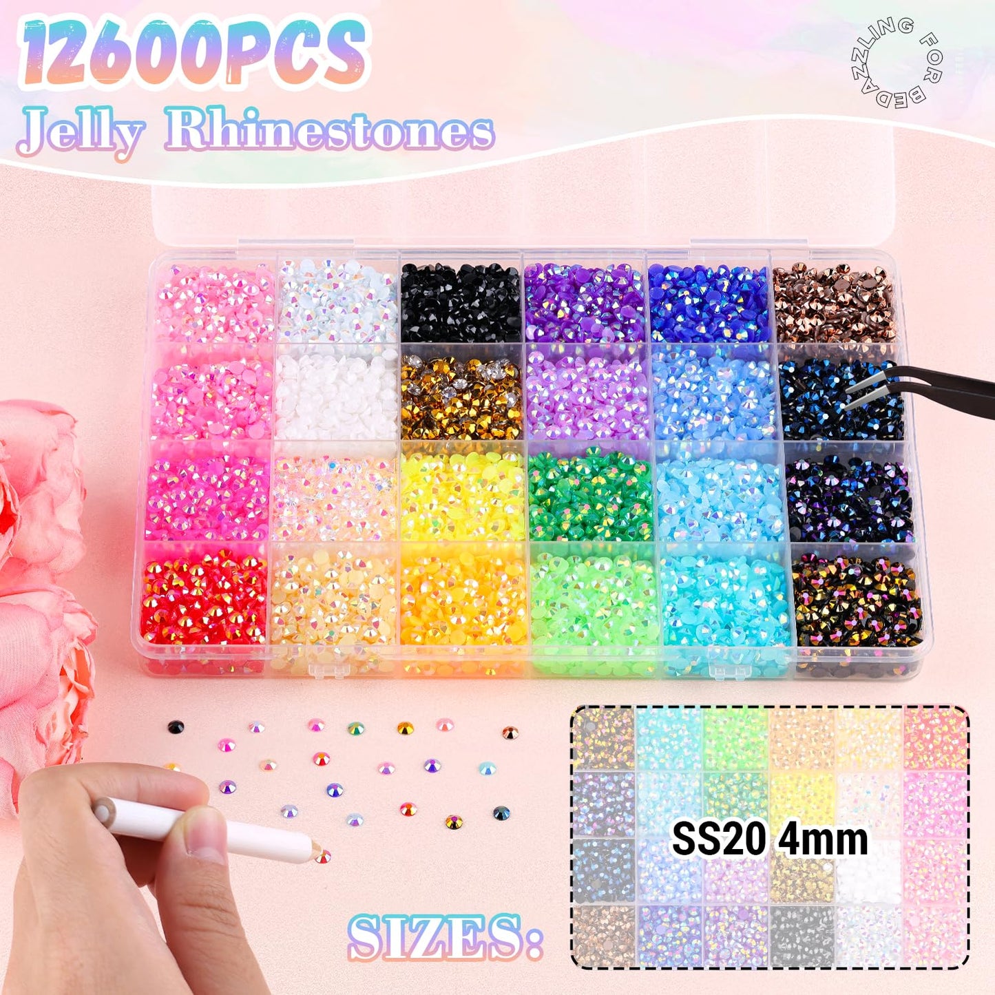 12600Pcs Resin Rhinestones for Bedazzling with B7000 Jewelry Glue, Colorful 4mm Non Hotfix Flatback Gems, Rhinestones for Crafting DIY Crafts Clothing Tumblers Mugs Shoes Fabric Decor Nail Art