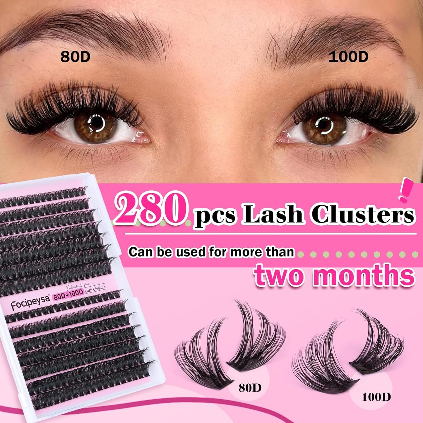 Focipeysa DIY Eyelash Extension Kit Lash Extension Kit D Curl Lash Clusters Kit Individual Eyelashes with Lash Bond and Lash Seal, Tweezers, DIY Lashes at Home (280Pcs 80D+100D 8-16mm)