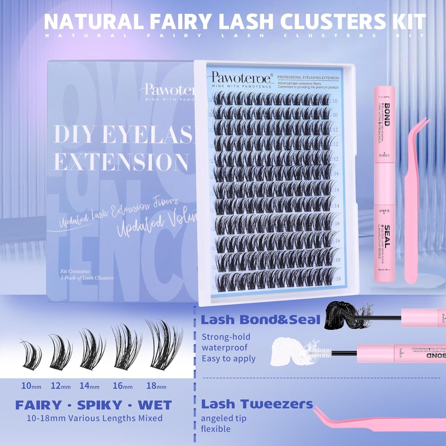 Pawotence Fairy Lash Clusters Kit Eyelash Clusters 10-18mm Wispy Lashes Clusters Eyelash Extension Kit 144pcs Natural Individual Lashes with Lash Bond and Seal, Tweezers, DIY Lash Extension Kit