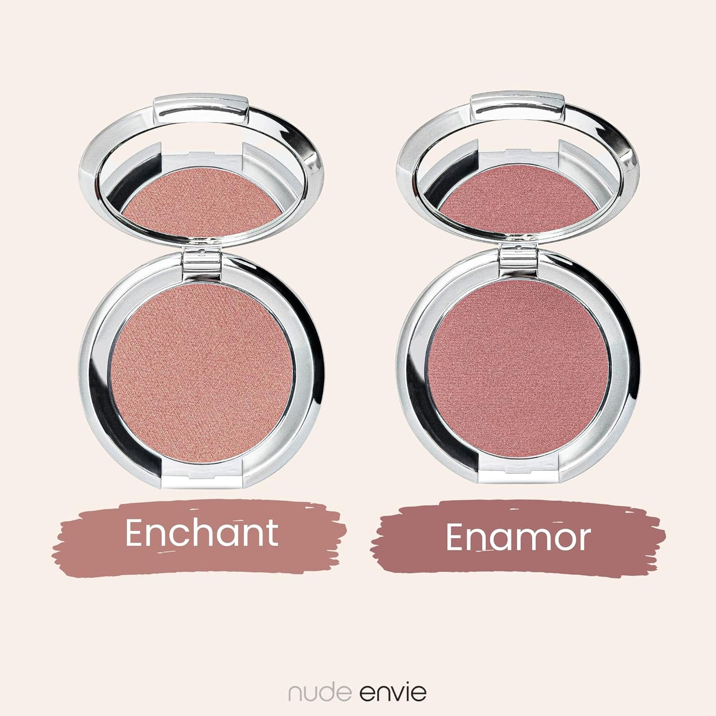 Nude Envie - Powder Blush - Silky Texture & Easy Application - Pigmented Long-Lasting Shimmer Finish - Infused With Crushed Pearls - Mirror Compact - Vegan, Paraben-Free & Cruelty-Free - Enchant