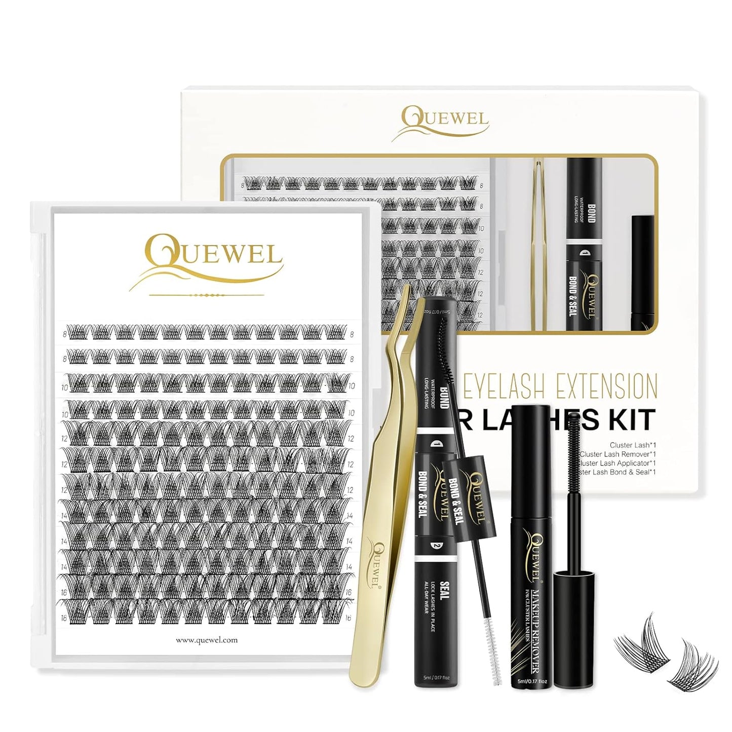 QUEWEL DIY Eyelash Extensions Kit, 144 Pcs Lash Clusters, Cluster Eyelashes Applicator Tool, Super Hold Cluster Lashes Bond and Seal, Clusters Lash Glue Remover Easy to Use at Home(QU-H-DH-02)