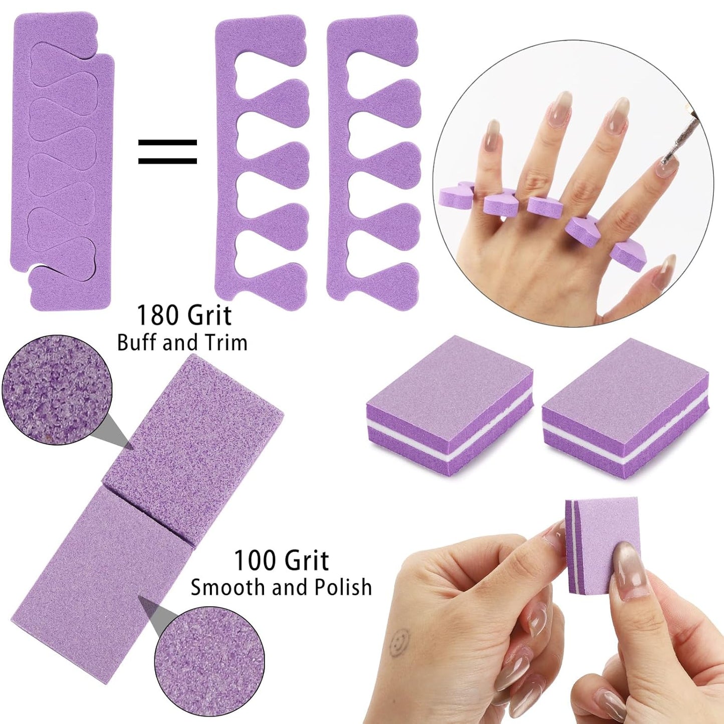 102pcs Toe Separators Set - Premium Pedicure Tool Super Soft Pedicure Toe Separator- Mini Nail Buffer Block File 80/100 Grit 2 Sided, Purple