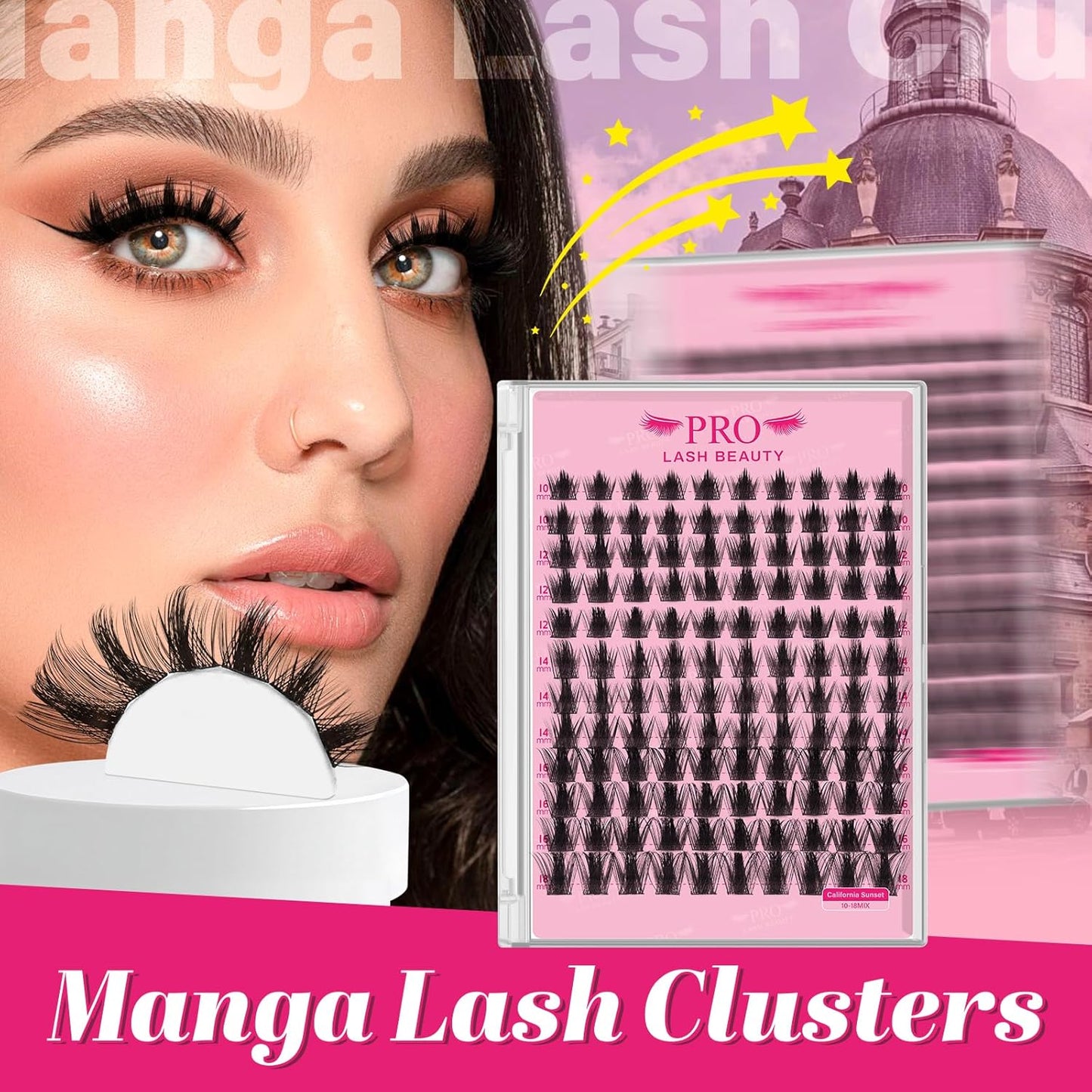 PRO LASHBEAUTY Manga Lash Clusters, Eyelash Clusters 10-18 Mixed Cluster Eyelash Extensions Lash Extension Reusable & Comfortable (Sunset, 10-18mix)