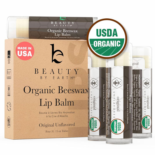 Organic Lip Balm - 4 Pack Unflavored Organic Gifts for Women, All Natural Lip Balm, Birthday Gifts for Her & Him, Lip Balm Hydrating Beauty Gifts, Lip Moisturizer, Mens Gift Ideas
