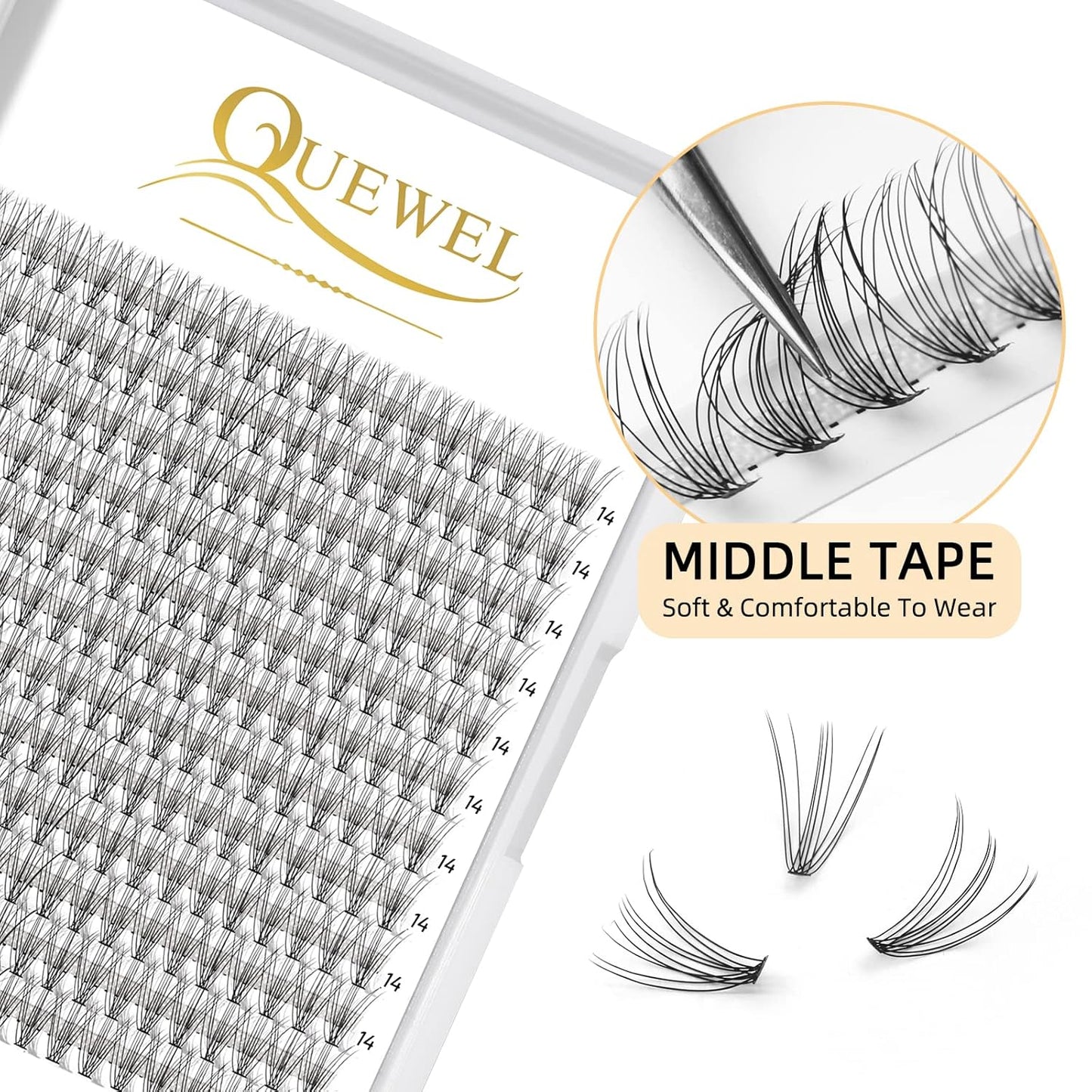 QUEWEL Cluster Lashes 240Pcs Individual Lashes 10D 0.10C Curl 14mm Knot-Free Lash Extensions Clusters Lashes Soft&Natural False Eyelashes Individual DIY Eyelash Extension at Home(10D 0.10C 14)