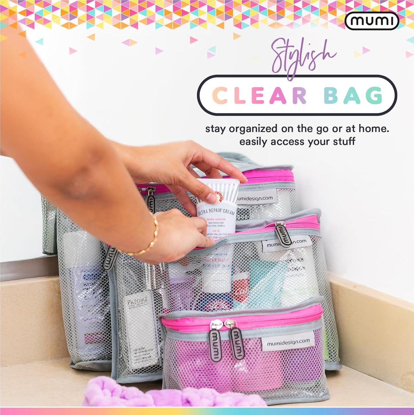 MUMI Travel Toiletry Bag Set of 3 – Clear TSA Approved Toiletry Bags for Women – Reusable Water-Resistant Makeup Organizer Pouches for Skincare, Cosmetics, Travel Accessories, Airport Packing - Blue