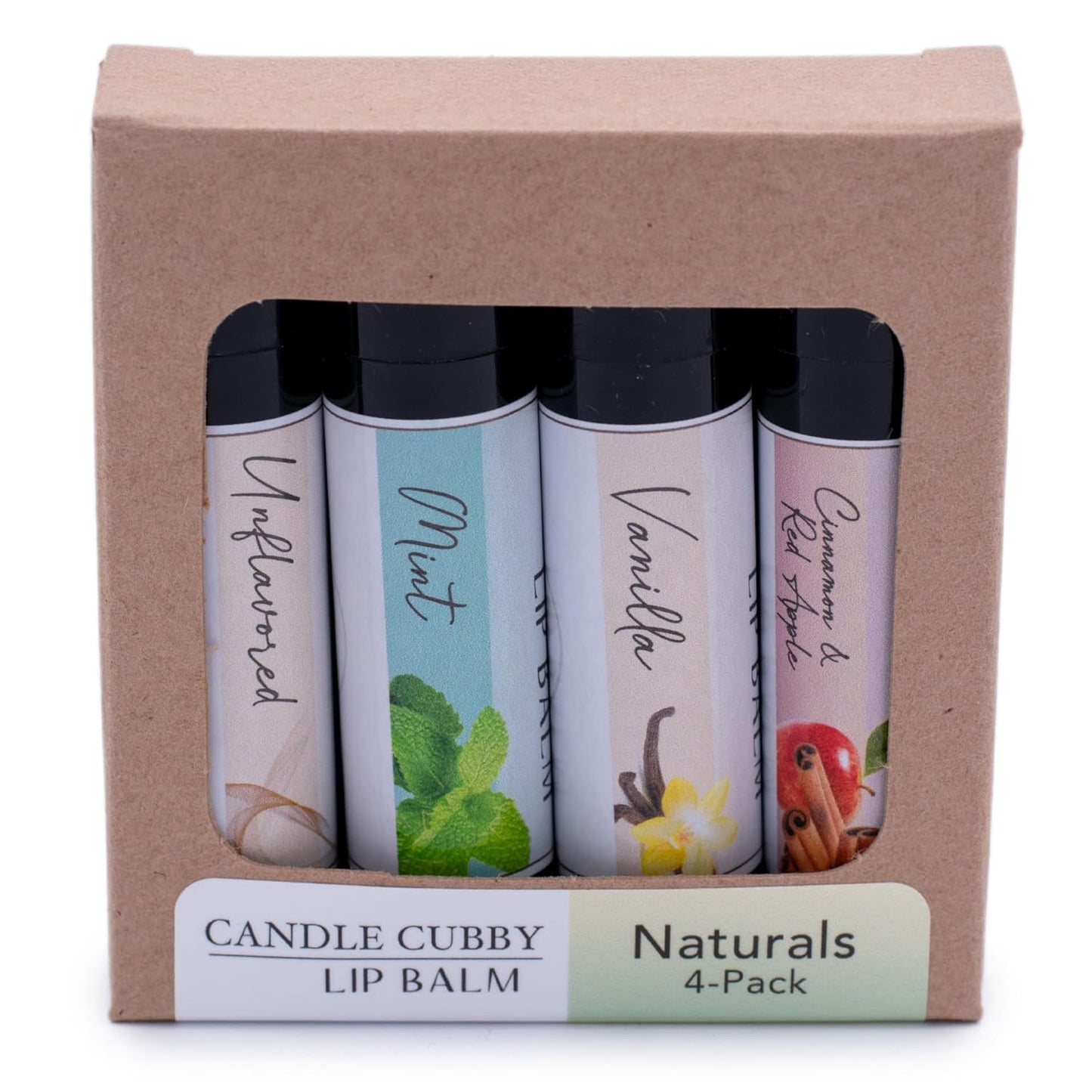 Lip Balm Naturals 4-Pack, Mint Vanilla Cinnamon Red Apple Unflavored, Natural Beeswax, Moisturizing Lip Treatment, 4 Tubes, 0.15 oz., White