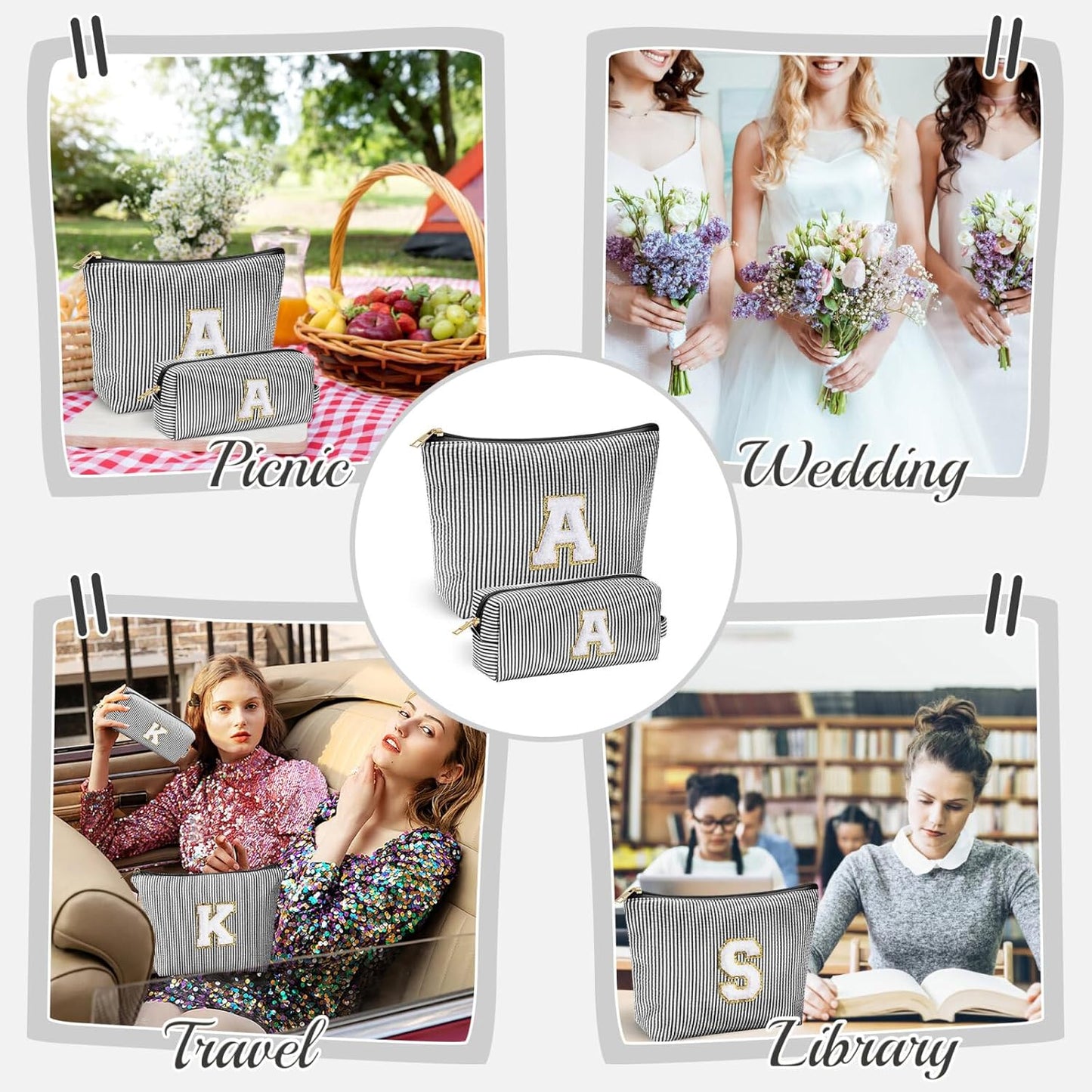 YOOLIFE Initial Personalized Preppy Makeup Bag - Monogrammed Birthday Gift for Women & Girls - Mother's Day Gift - Black