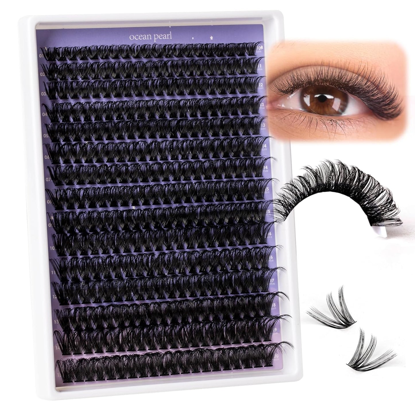 Ocean Pearl Lash Clusters 10-20mm Thick 300D Volume Eyelashes Clusters Lashes 300PCS Lash Extension Kit Eyelash Extension Kit Individual Lashes DIY Lash with Lash Bond+Seal+Remover+Tweezer-300D