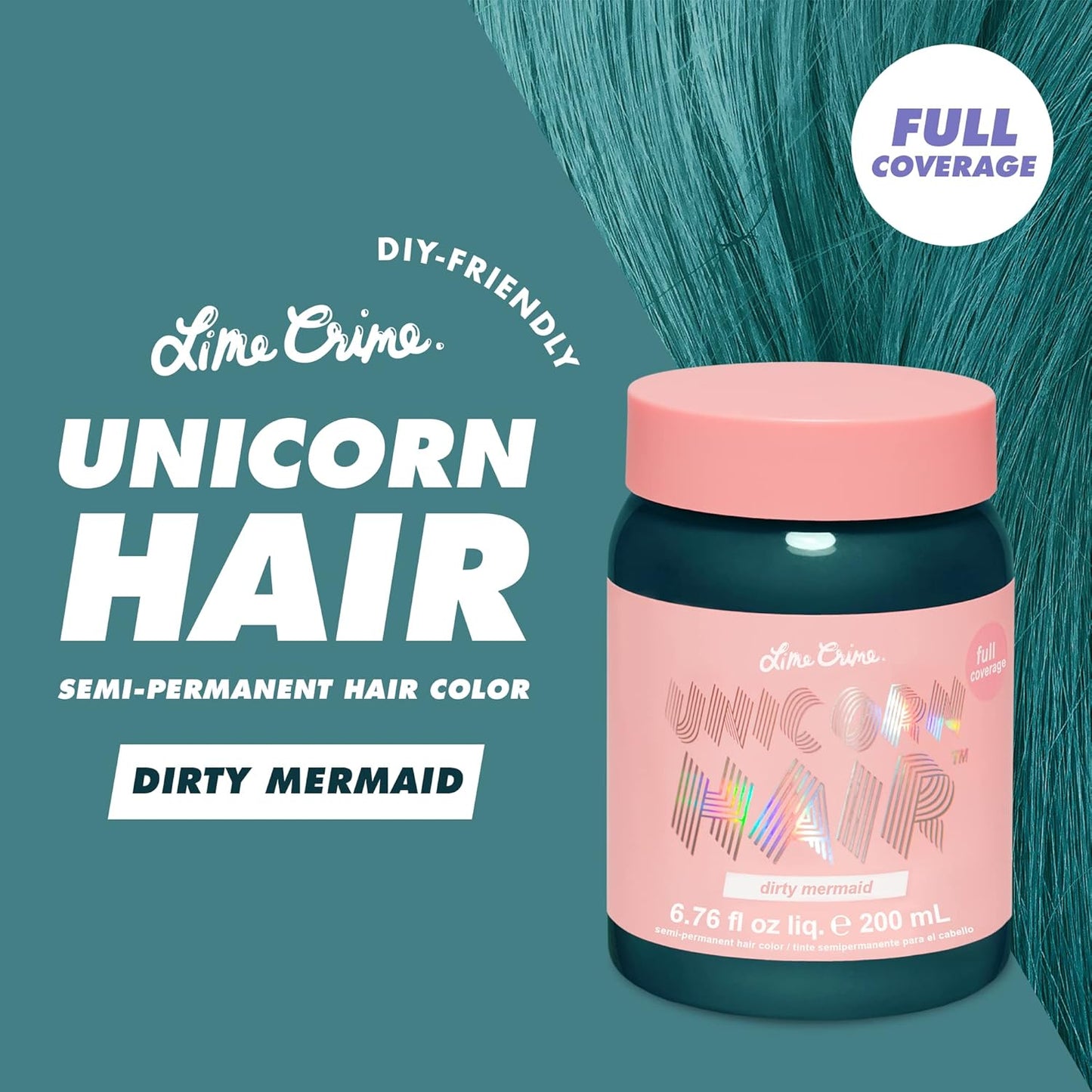 Lime Crime Full Coverage Unicorn Hair Dye, Dirty Mermaid - Damage-Free Semi-Permanent Hair Color Conditions & Moisturizes - Temporary Hair Tint Kit Has A Sugary Citrus Vanilla Scent - Vegan