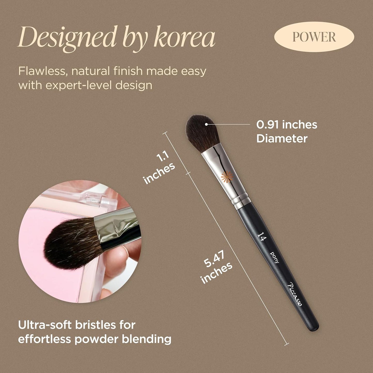 Piccasso PONY14 Makeup Brush– Soft Tapered Blush & Highlighter Applicator for Face Makeup, Fluffy Powder Finish with Soft Hair, Small Size for Precision, Professional Korean Beauty Essential