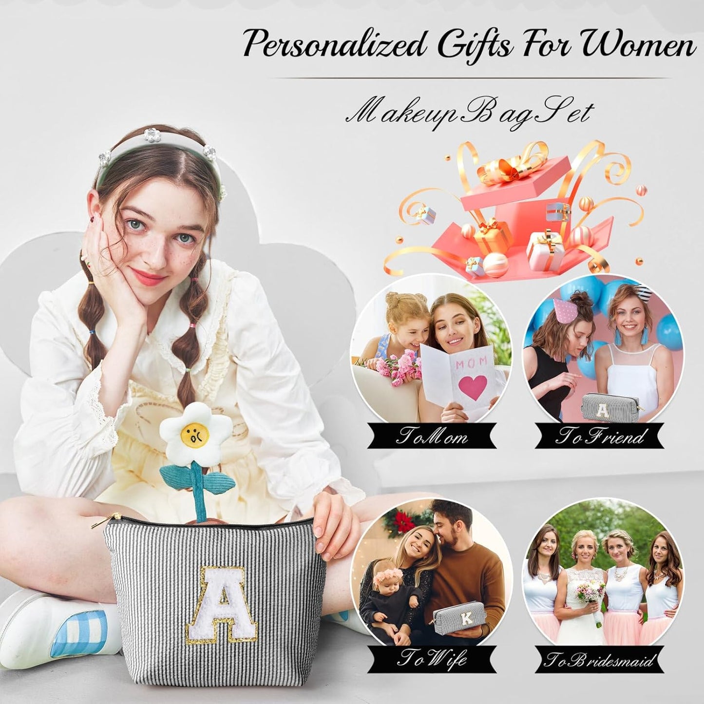 YOOLIFE Initial Makeup Bag for Women, Travel Cosmetic Bag with Small Makeup Brush Bag Cute Makeup Bag Toiletry Travel Bag Personalized Wife Friend Gifts Christmas Birthday Gifts for Women Her Black R