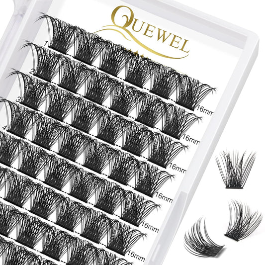 QUEWEL Lash Clusters 72 Pcs Cluster Lashes Wide Stem Eyelash Clusters C/D Curl 8-16mm DIY Eyelash Extensions Mega Style for Self Easy To Use at Home (Mega-D-16)