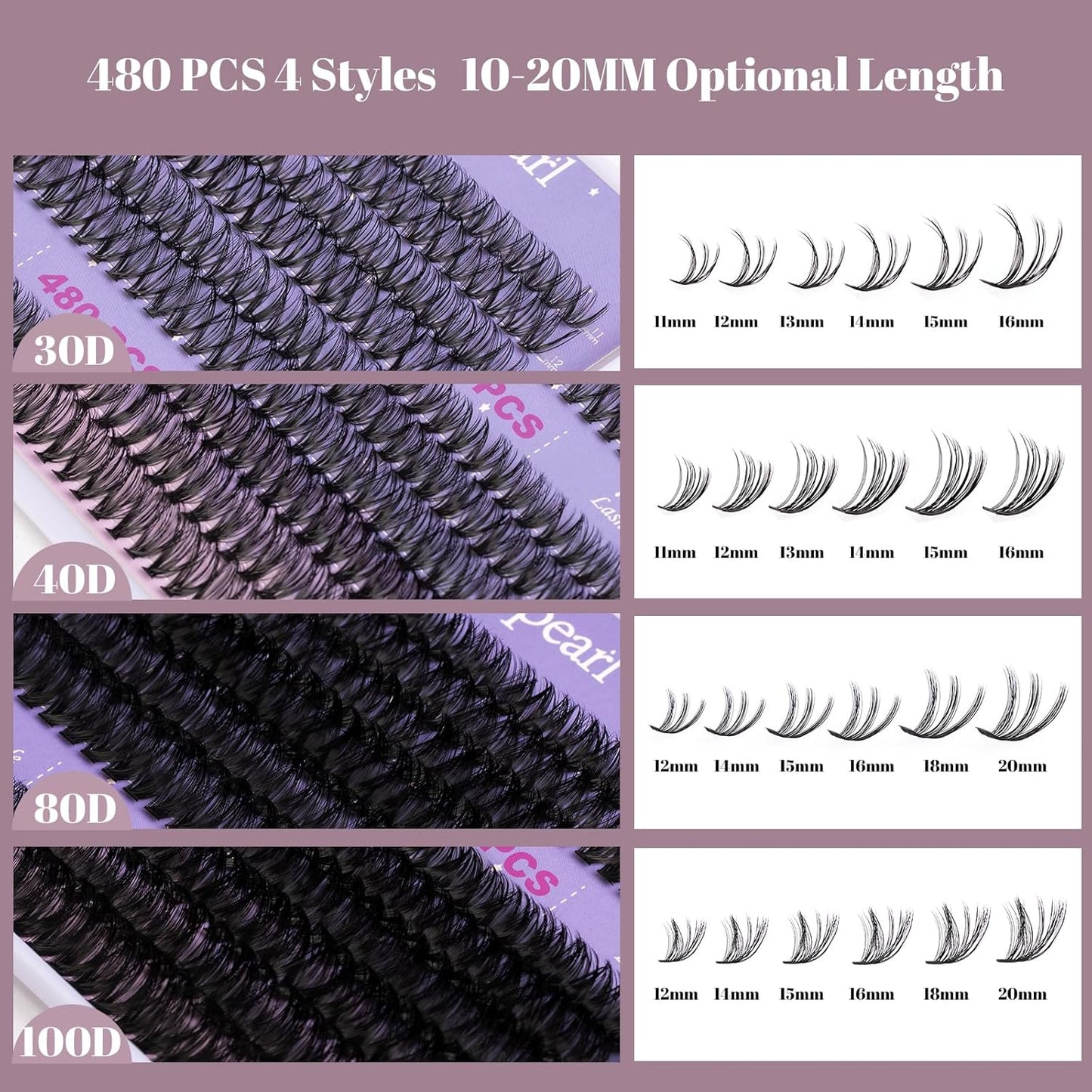 Ocean Pearl Lash Clusters 480PCS 11-20mm Individual Eyelash Extensions 30D+40D+80D+100D DIY Thick Volume Natural Lashes for Beginners at Home-4