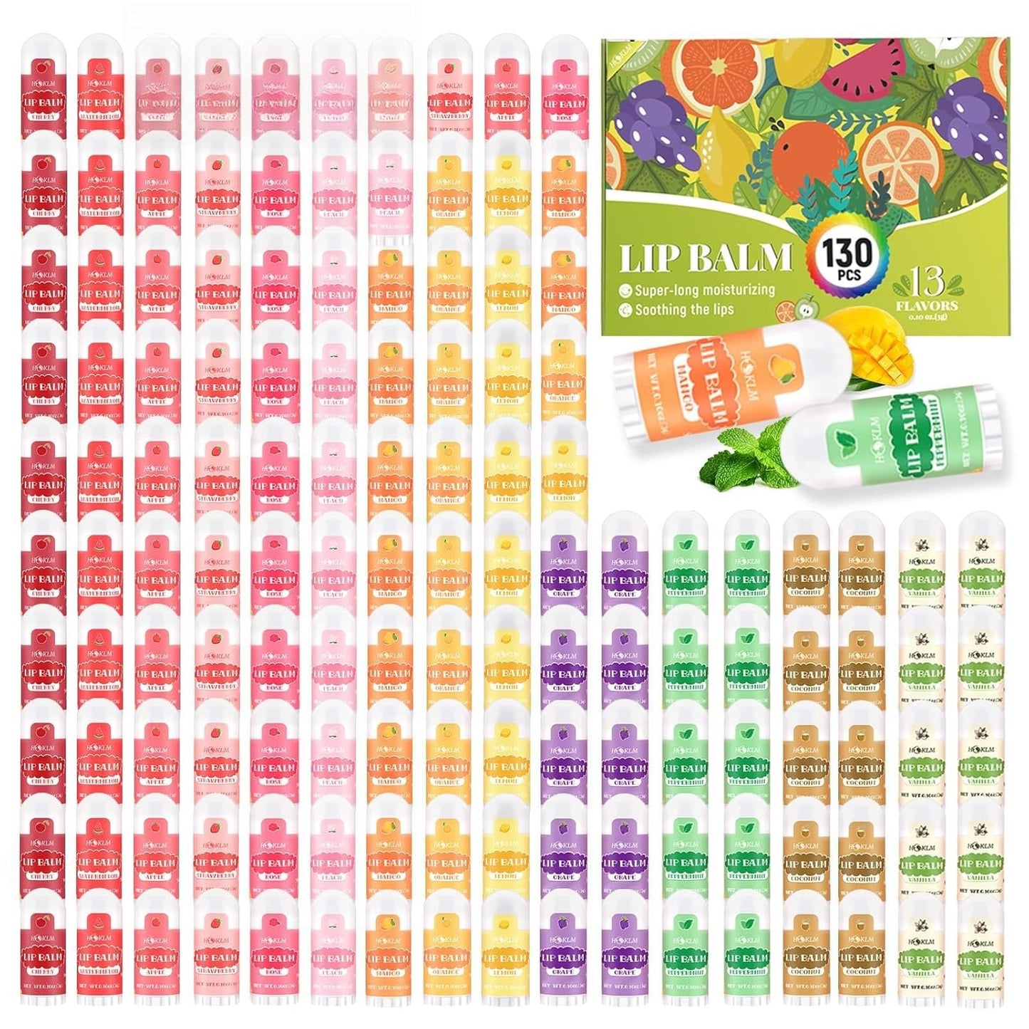 130-Pack Natural Lip Balm Set - Hydrating Formula with Vitamin E & Coconut Oil - for Kids/Adults - Bulk Mini Lip Balms - Great for Gifts & Daily Use - 13 Flavors