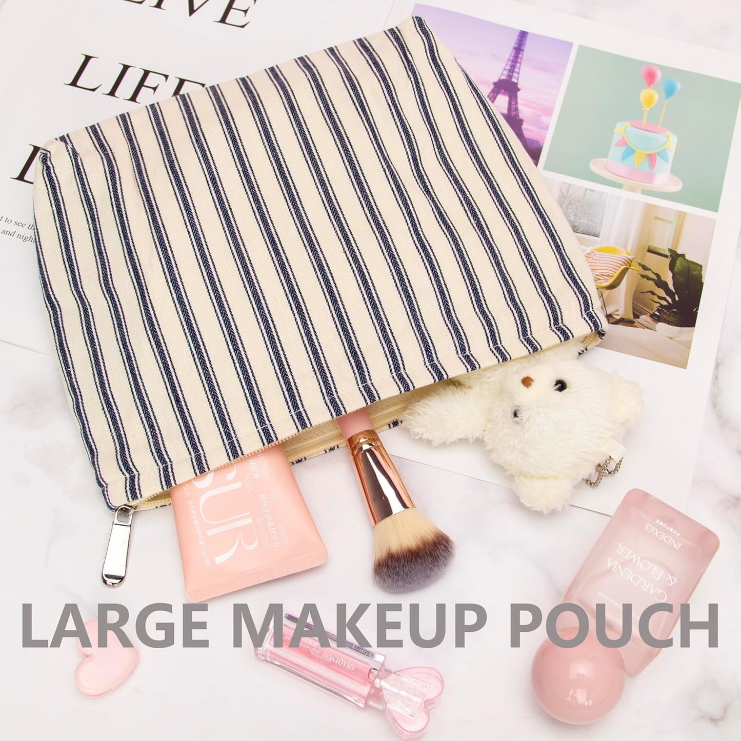 PAZIMIIK Makeup Bag Large Cotton Zipper Pouch for Purse Travel Canvas Make Up Organizer for Women Cosmetic,Vintage Stripe Navy Blue