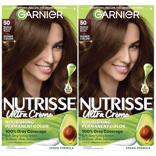 Garnier Hair Color Nutrisse Nourishing Creme, 50 Medium Natural Brown (Truffle) Permanent Hair Dye, 2 Count (Packaging May Vary)